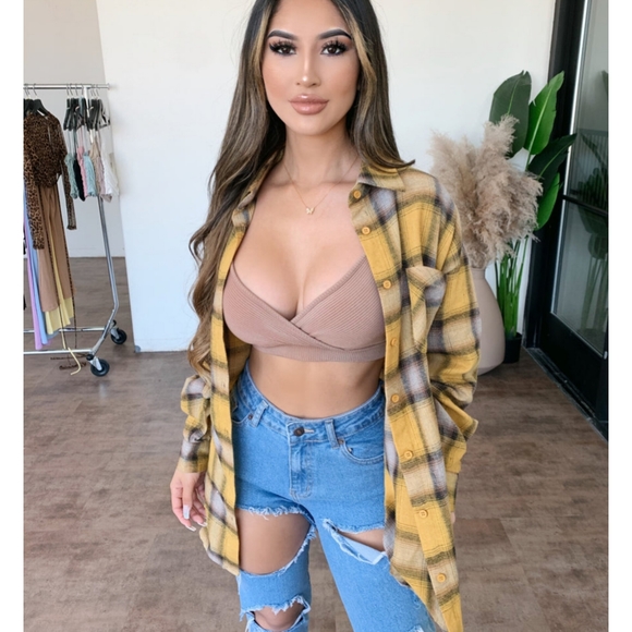 . OOTDFASH Bennie Yellow Plaid Oversized Button Up Flannel - Picture 2 of 9